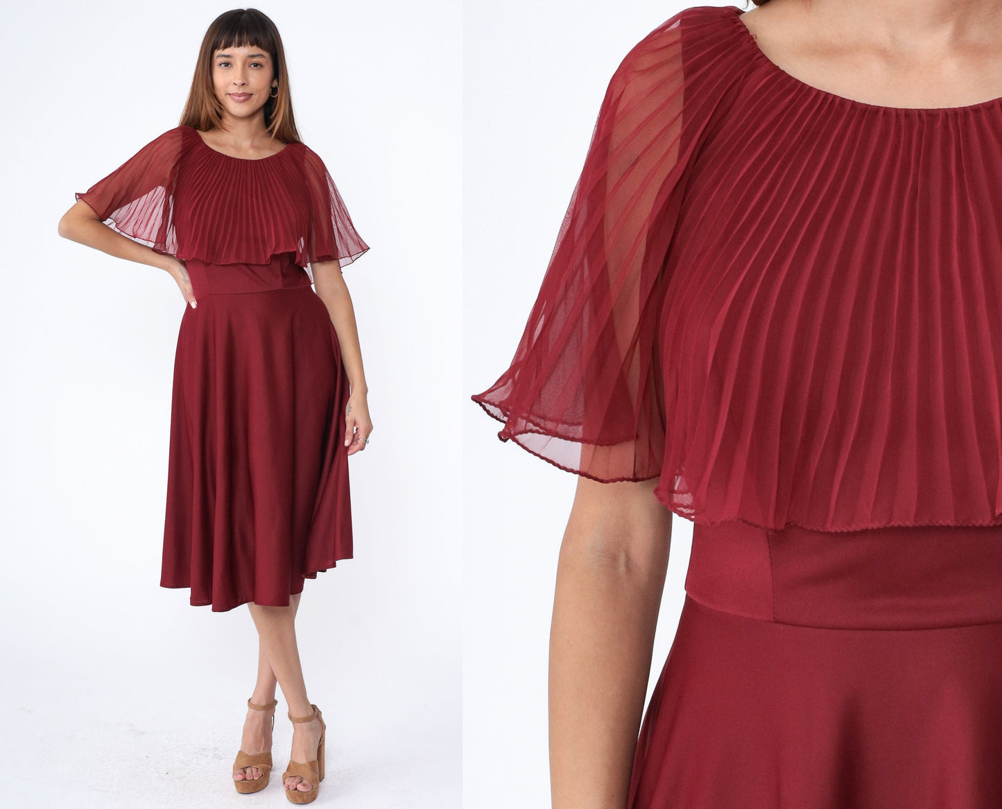70s Burgundy Chiffon Midi Dress Pleated Capelet High Waist Medium