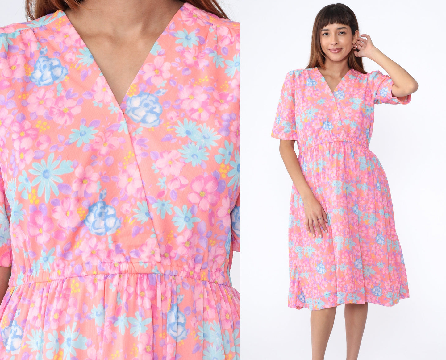 70s Floral Midi Dress Peach Pink High Waist Wrap V Neck Short Sleeve Large L