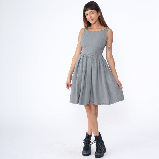 60s Navy White Checkered Mini Dress Pleated High Waist Sleeveless Small