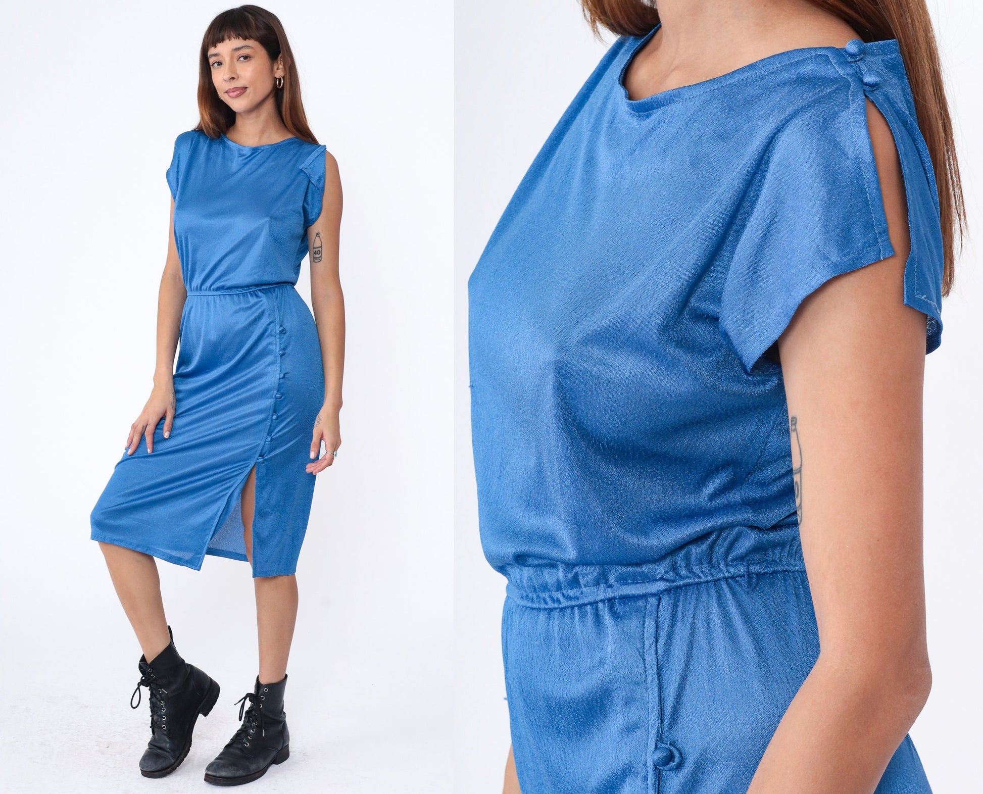 70s Blue Midi Dress Cap Sleeve High Elastic Waist Button Front Small