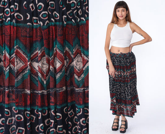 90s Geometric Broomstick Maxi Skirt Striped Red Black Green Medium Large