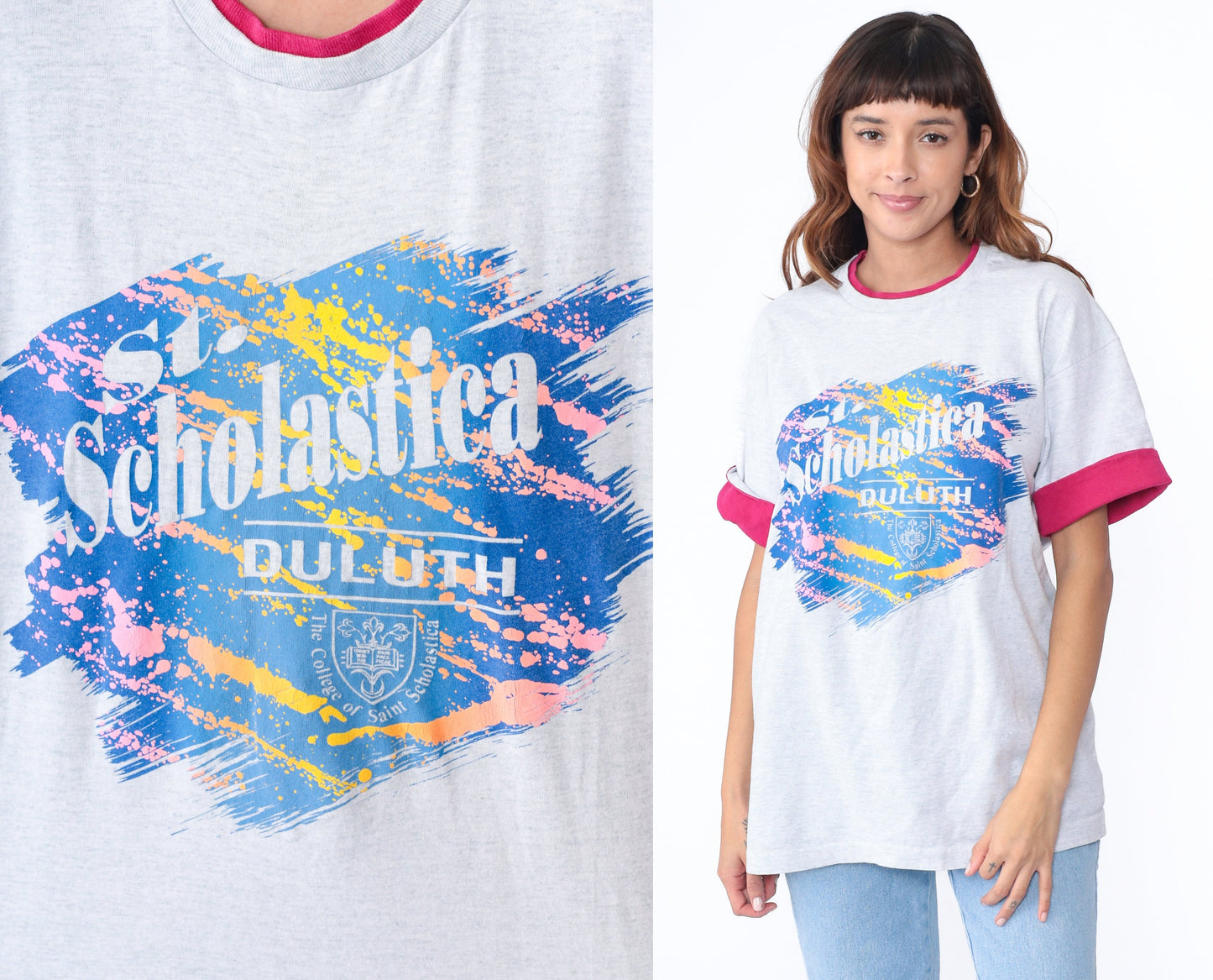 90s St. Scholastica College Ringer Tee Grey Pink Cuffed Sleeve Large