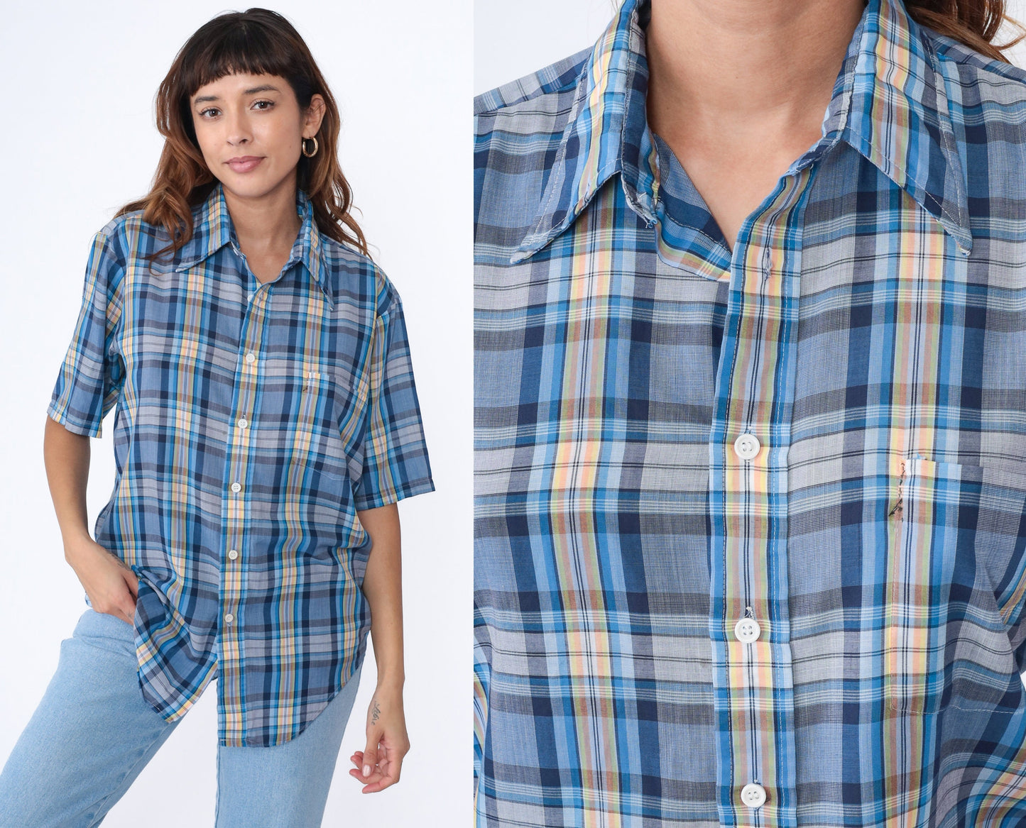 70s Blue Plaid Button-Up Shirt Pointed Collar Short Sleeve Men's Medium