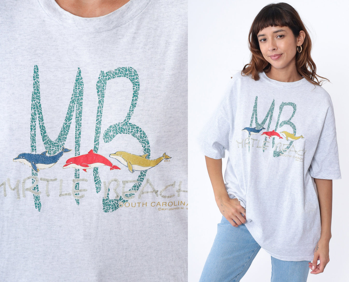 90s Myrtle Beach Dolphin Graphic T-Shirt Heather Grey Extra Large