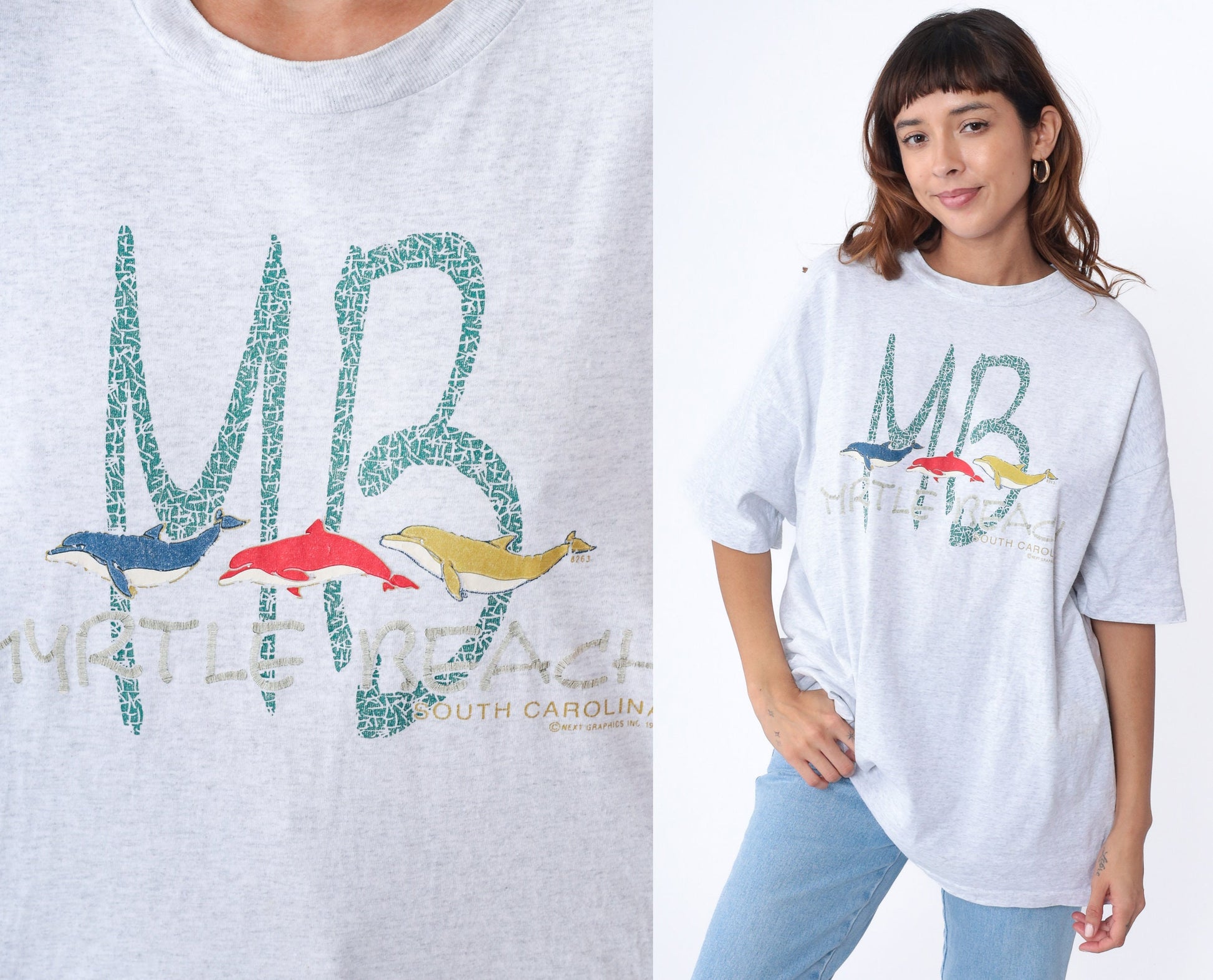 90s Myrtle Beach Dolphin Graphic T-Shirt Heather Grey Extra Large