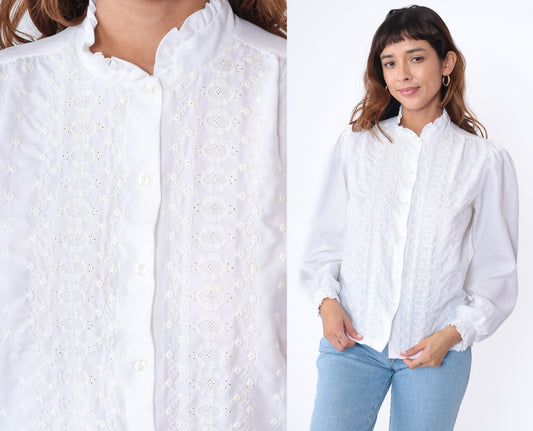 80s White Eyelet Blouse Embroidered Puff Sleeve Button Up Medium