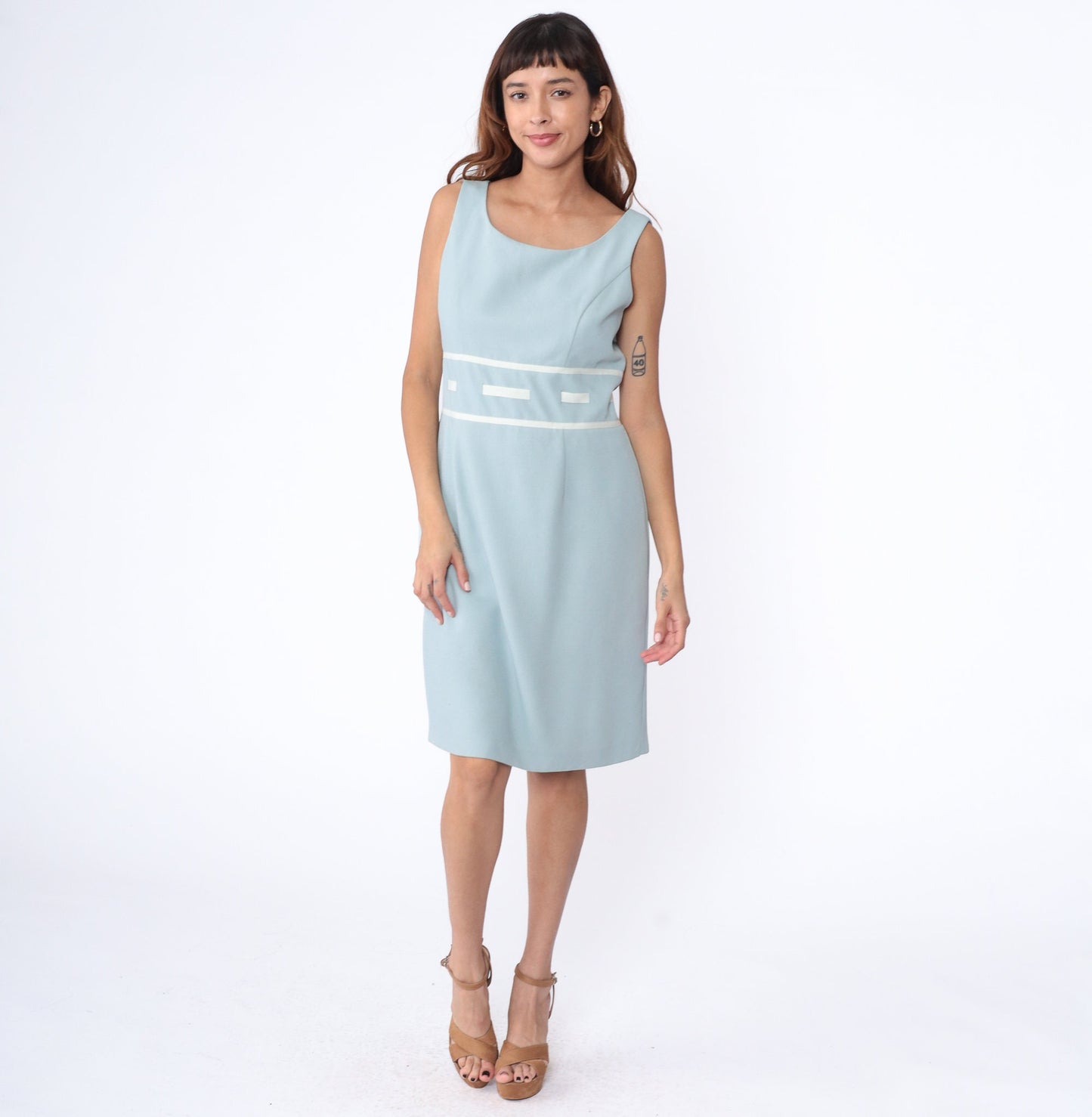 00s Ice Blue Sheath Dress Sleeveless Knee-Length Ribbon Trim Large 12