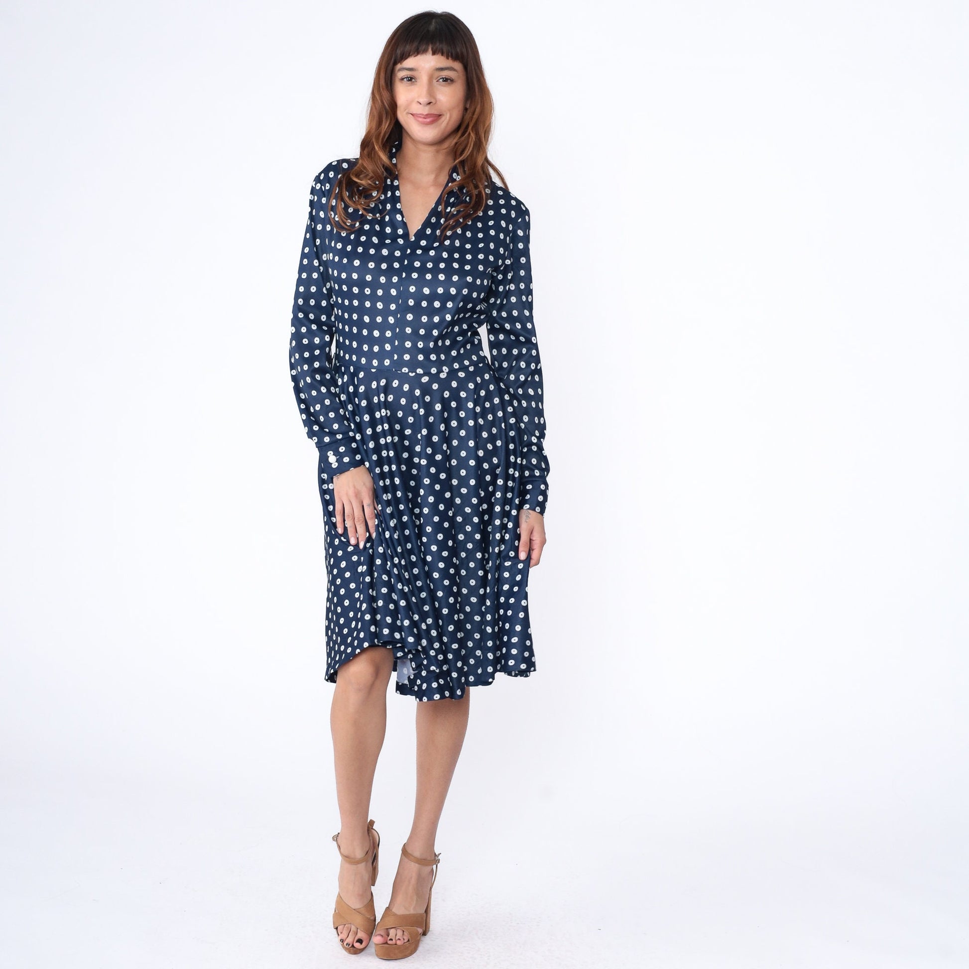 70s Navy Polka Dot Midi Dress V-Neck High Waist Flared Long Sleeve Medium