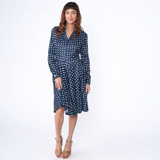 70s Navy Polka Dot Midi Dress V-Neck High Waist Flared Long Sleeve Medium