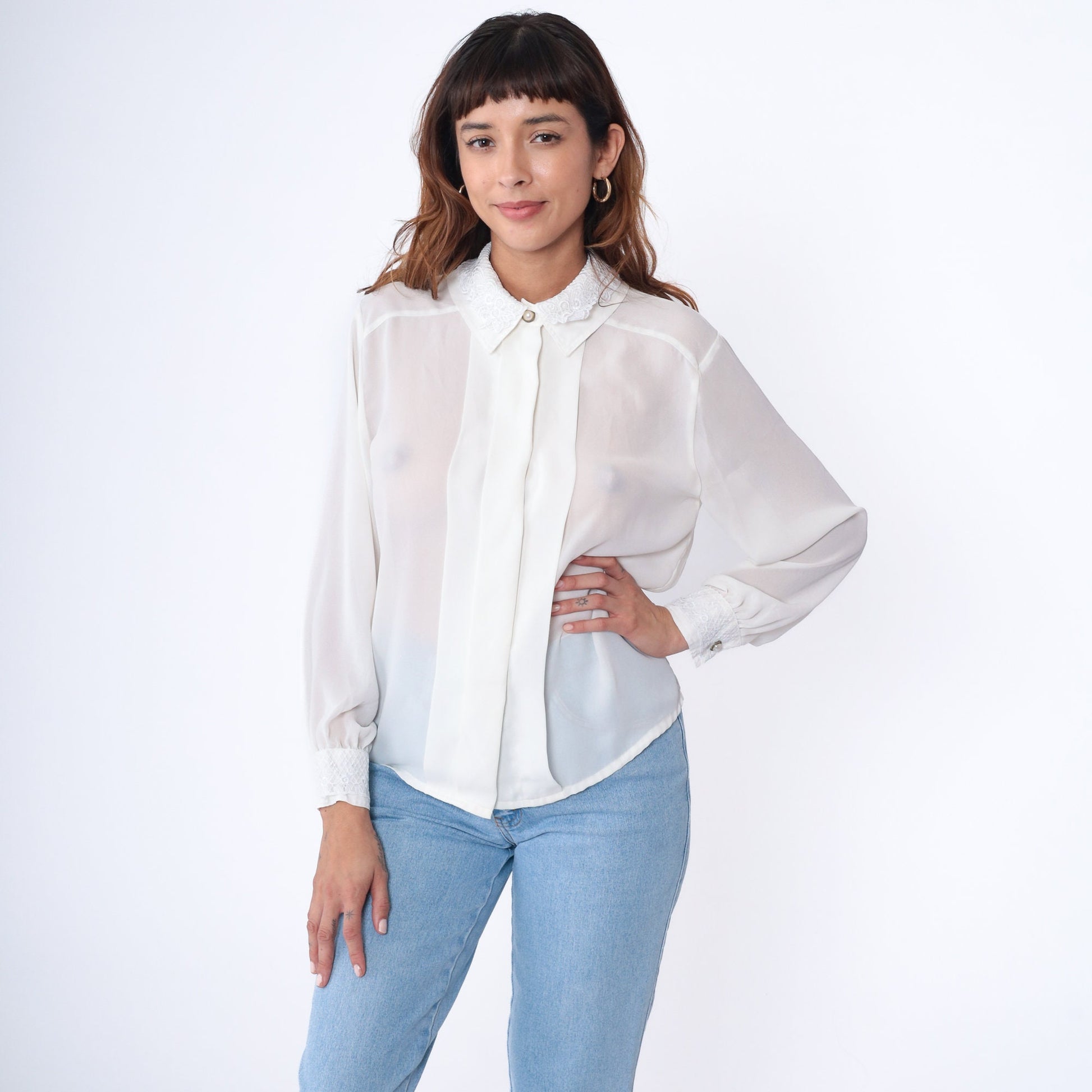 90s White Sheer Blouse Lace Collar Pearl Button Long Sleeve Medium