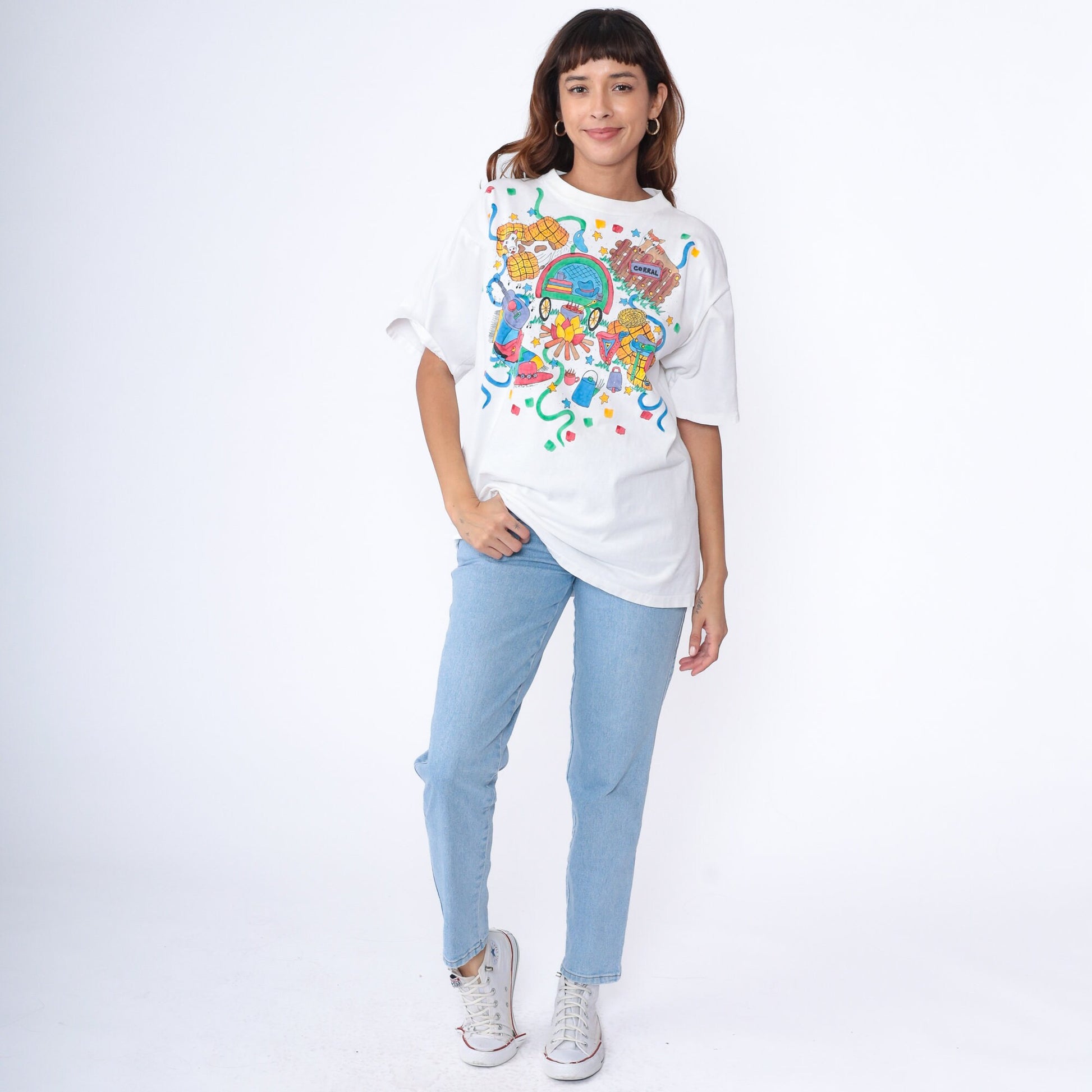 90s Western Hand Painted Graphic T-Shirt Cow Horse Campfire White Large