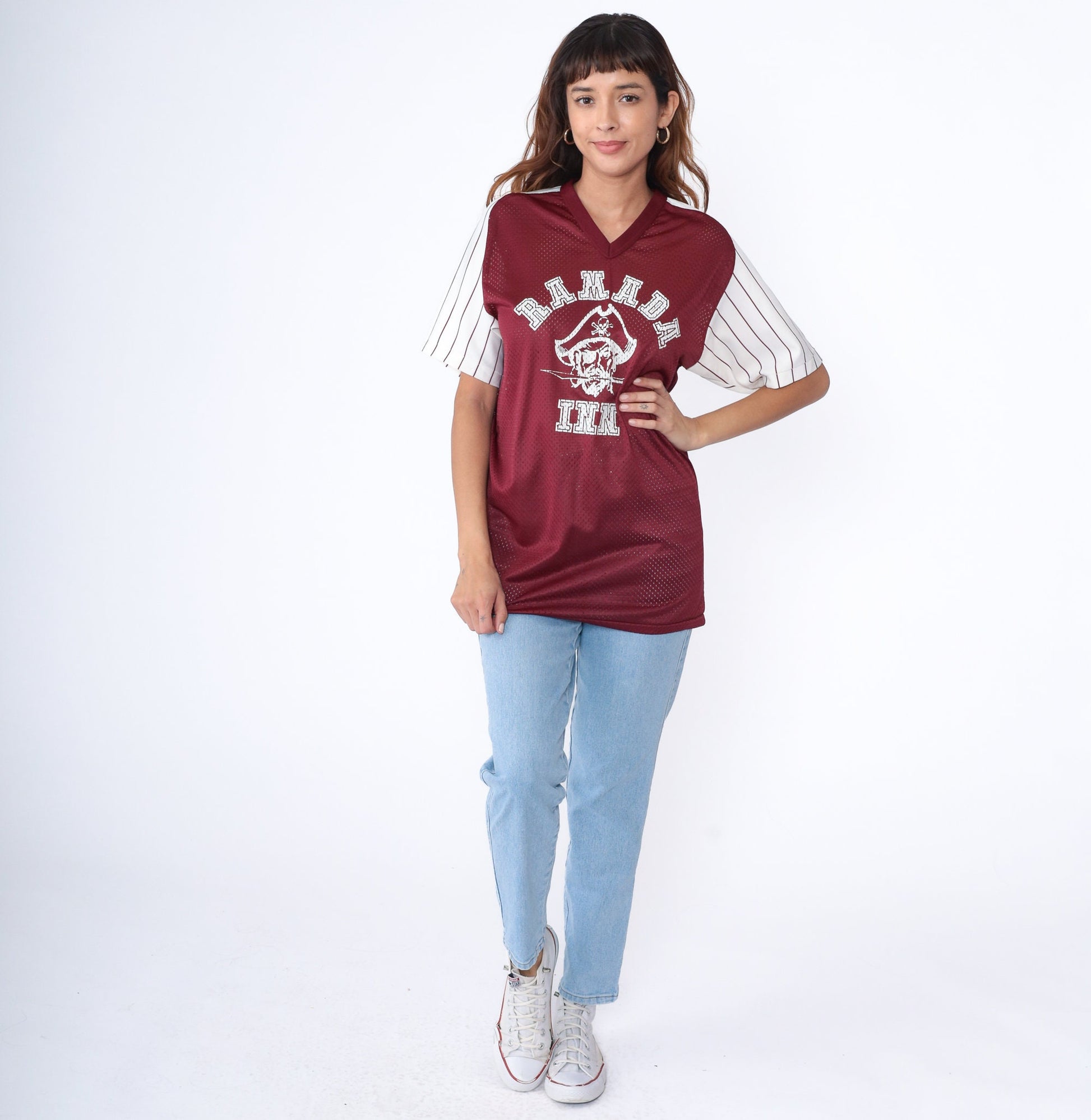 90s Ramada Inn Pirate Baseball Jersey Maroon Mesh V-Neck Medium