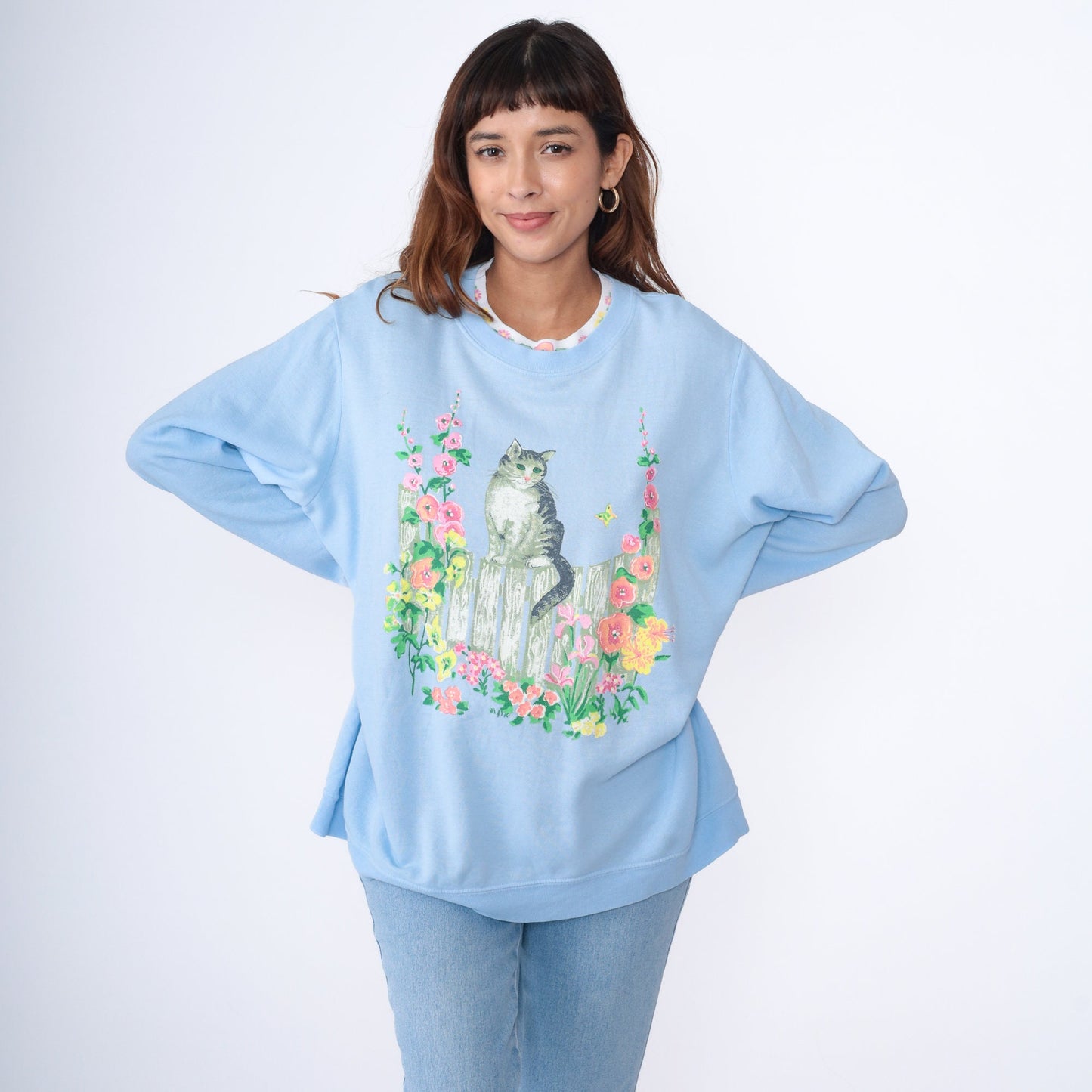 90s Cat Floral Garden Sweatshirt Baby Blue Graphic Crewneck Extra Large XXL