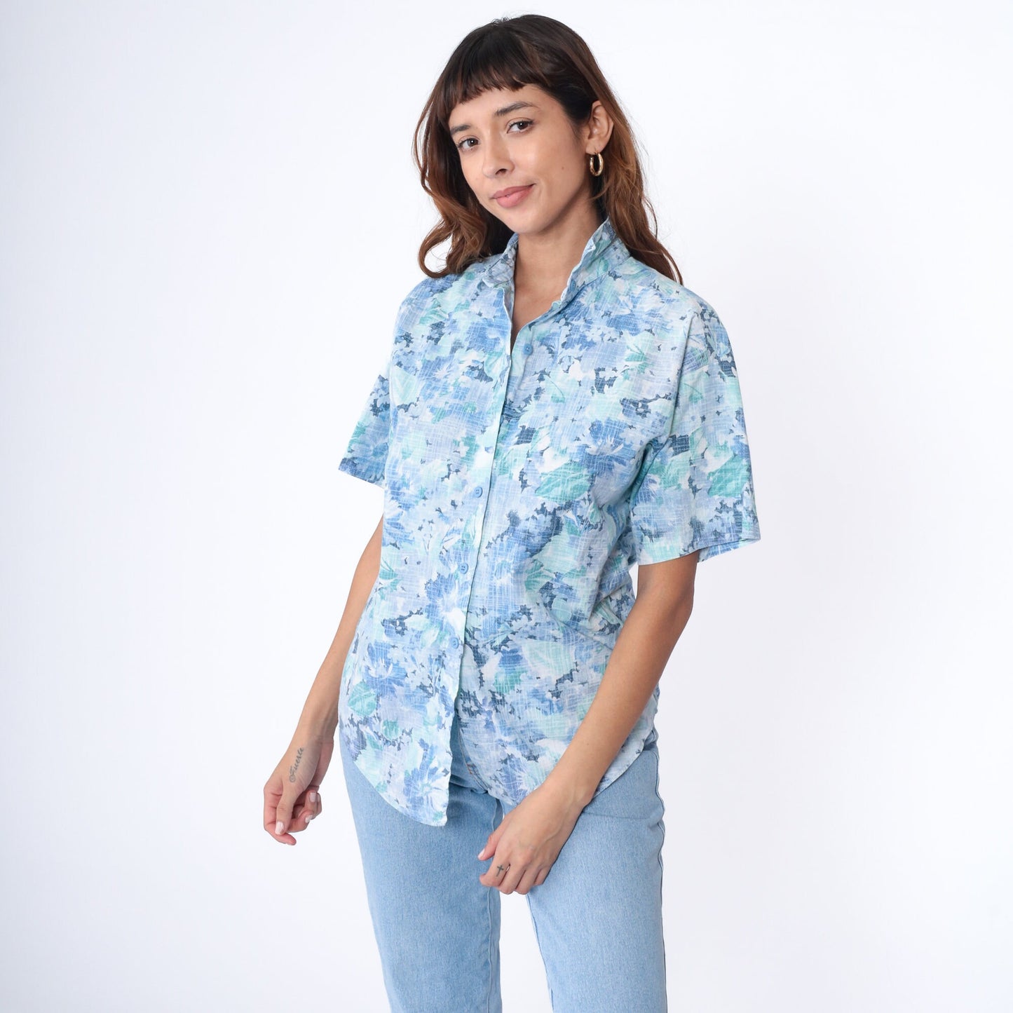 90s Blue Floral Button-Up Shirt Cotton Blend Short Sleeve Medium