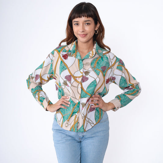 90s Equestrian Blouse Sea Green Paisley Horse Bridle Chain Print Button Up Medium