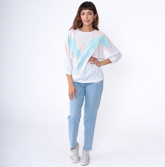 80s White Sweatshirt Pastel Chevron Glitter Paint Batwing Sleeve Medium