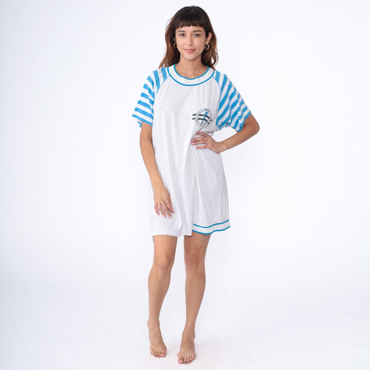 90s Candie's New York Cycling Team Pajama Dress Mini White Striped Raglan