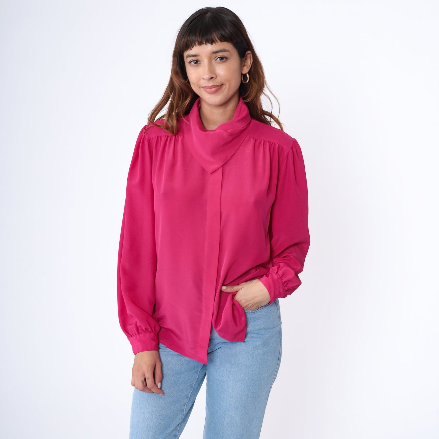 90s Fuchsia Pink Puff Sleeve Blouse Scarf Neck Hidden Button Small