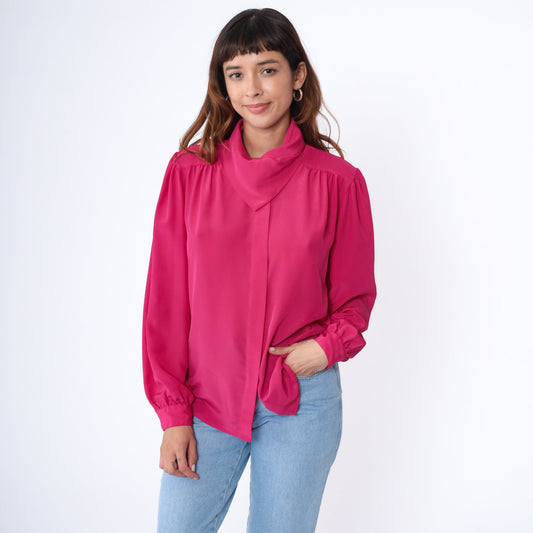 90s Fuchsia Pink Puff Sleeve Blouse Scarf Neck Hidden Button Small
