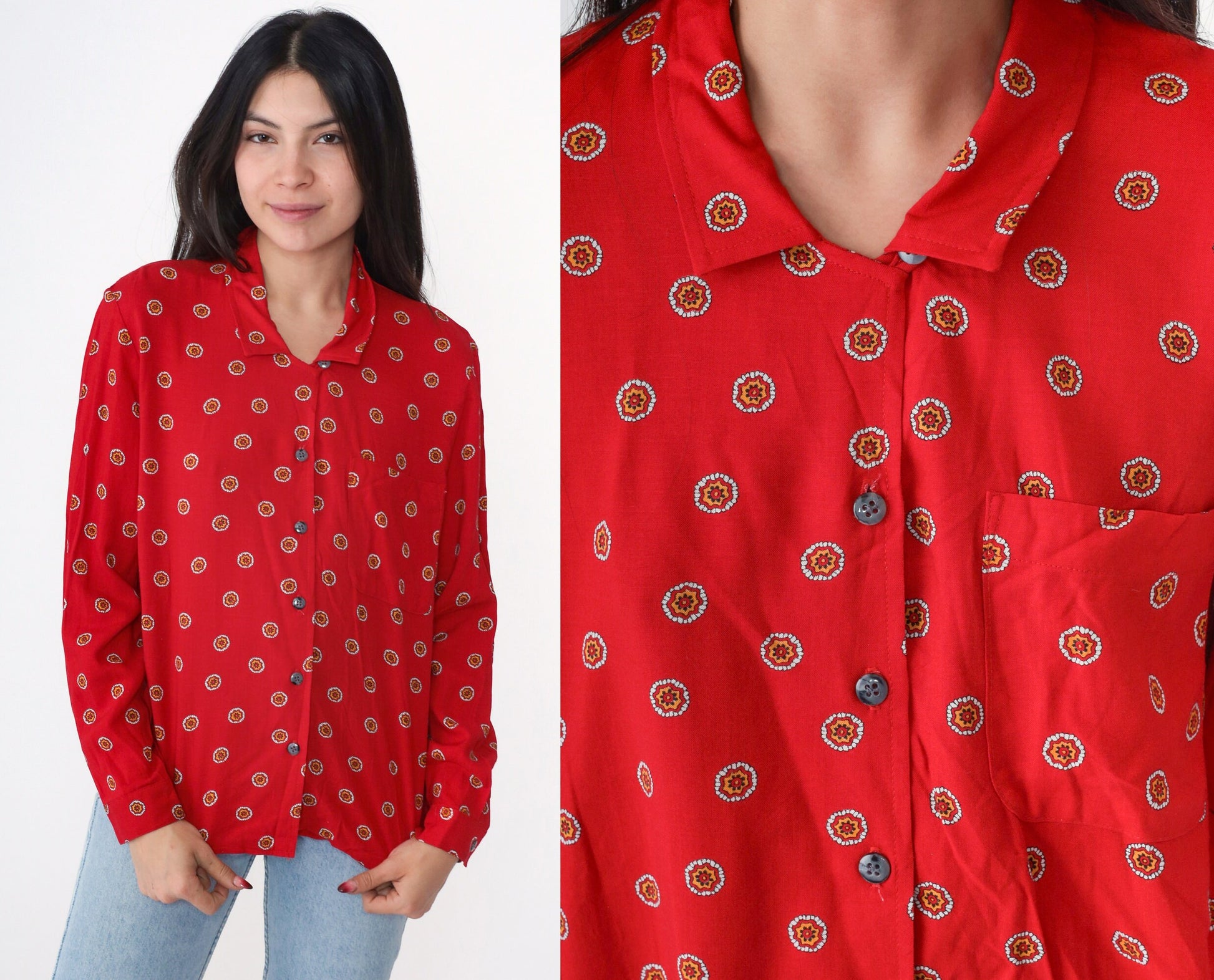 90s Abstract Floral Print Button Up Blouse Red Rayon Long Sleeve Medium