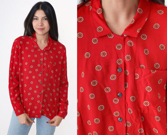 90s Abstract Floral Print Button Up Blouse Red Rayon Long Sleeve Medium