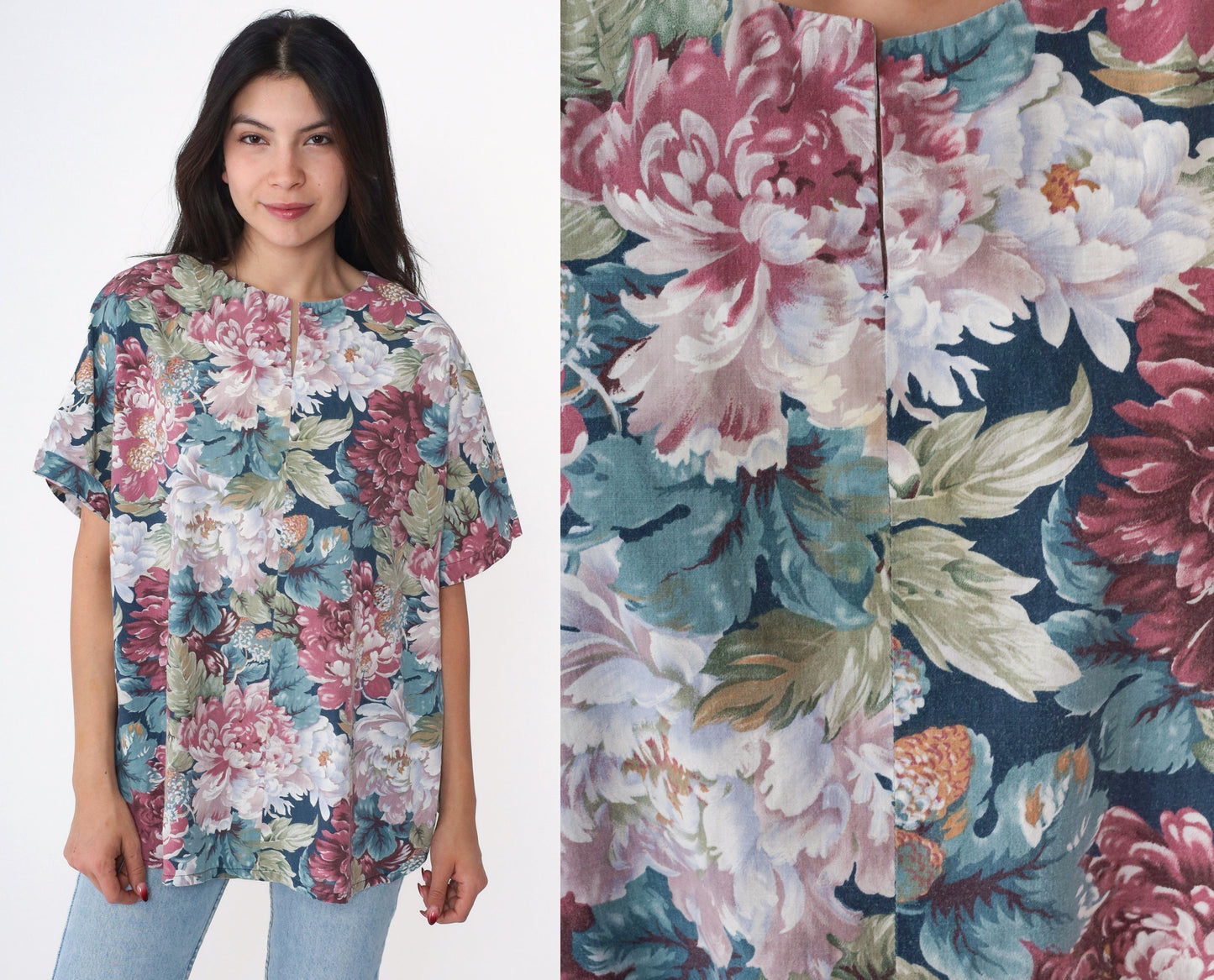 90s Floral Blouse Short Sleeve Slit Neckline Blue Purple Pink Medium Large