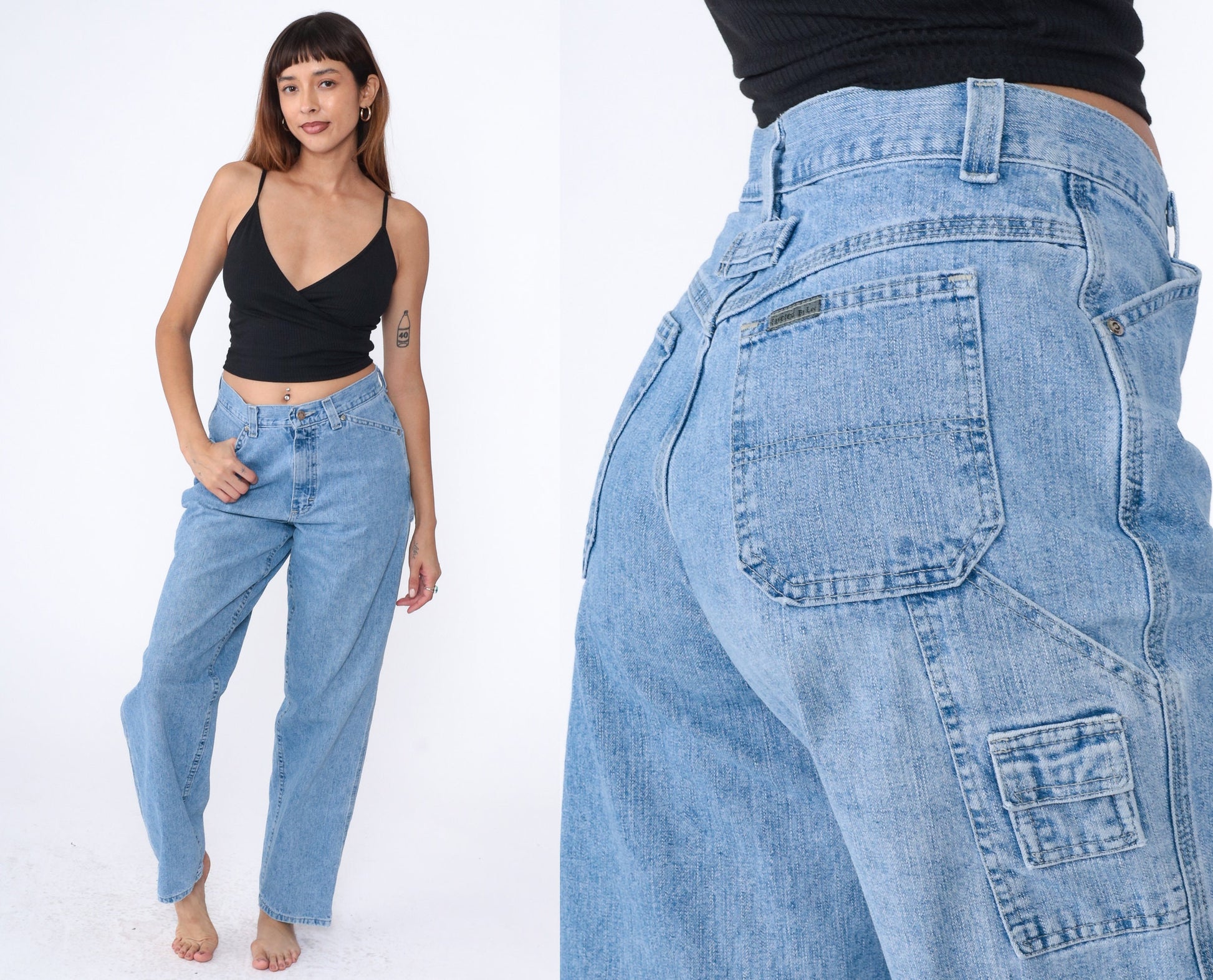 Y2K High Rise Cargo Jeans Light Wash Denim Hammer Loop Relaxed Straight Tapered Medium