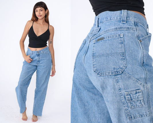 Y2K High Rise Cargo Jeans Light Wash Denim Hammer Loop Relaxed Straight Tapered Medium