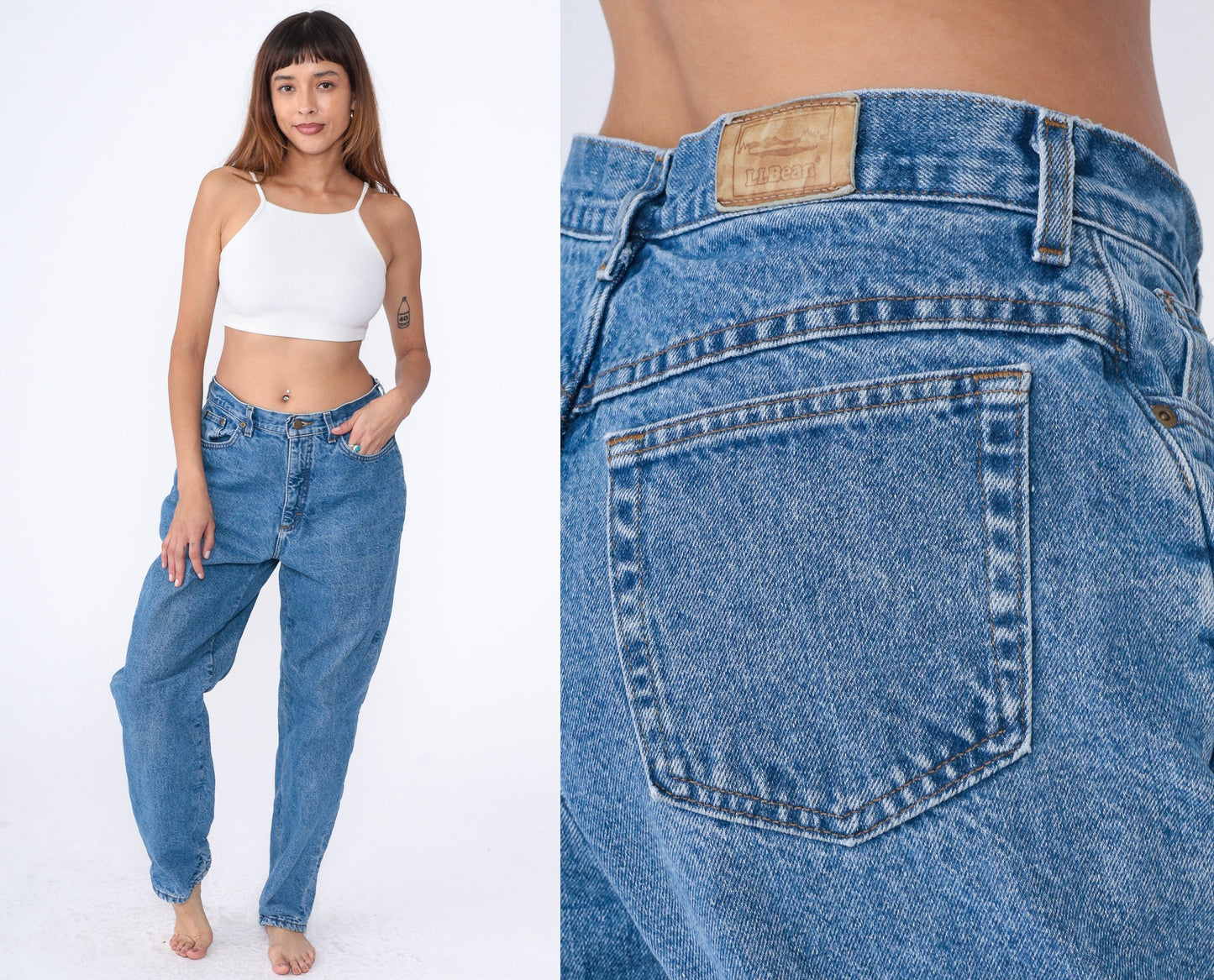 90s L.L. Bean High Waist Tapered Jeans Flannel Lined Blue Denim Large 14