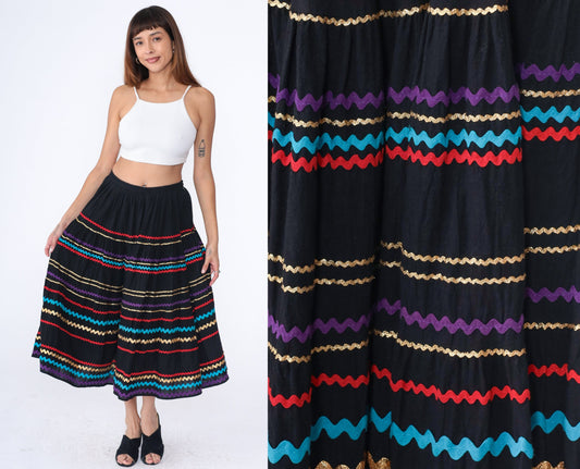80s Goldwater's Midi Skirt Black Cotton Ric-Rac Striped High Waist Medium