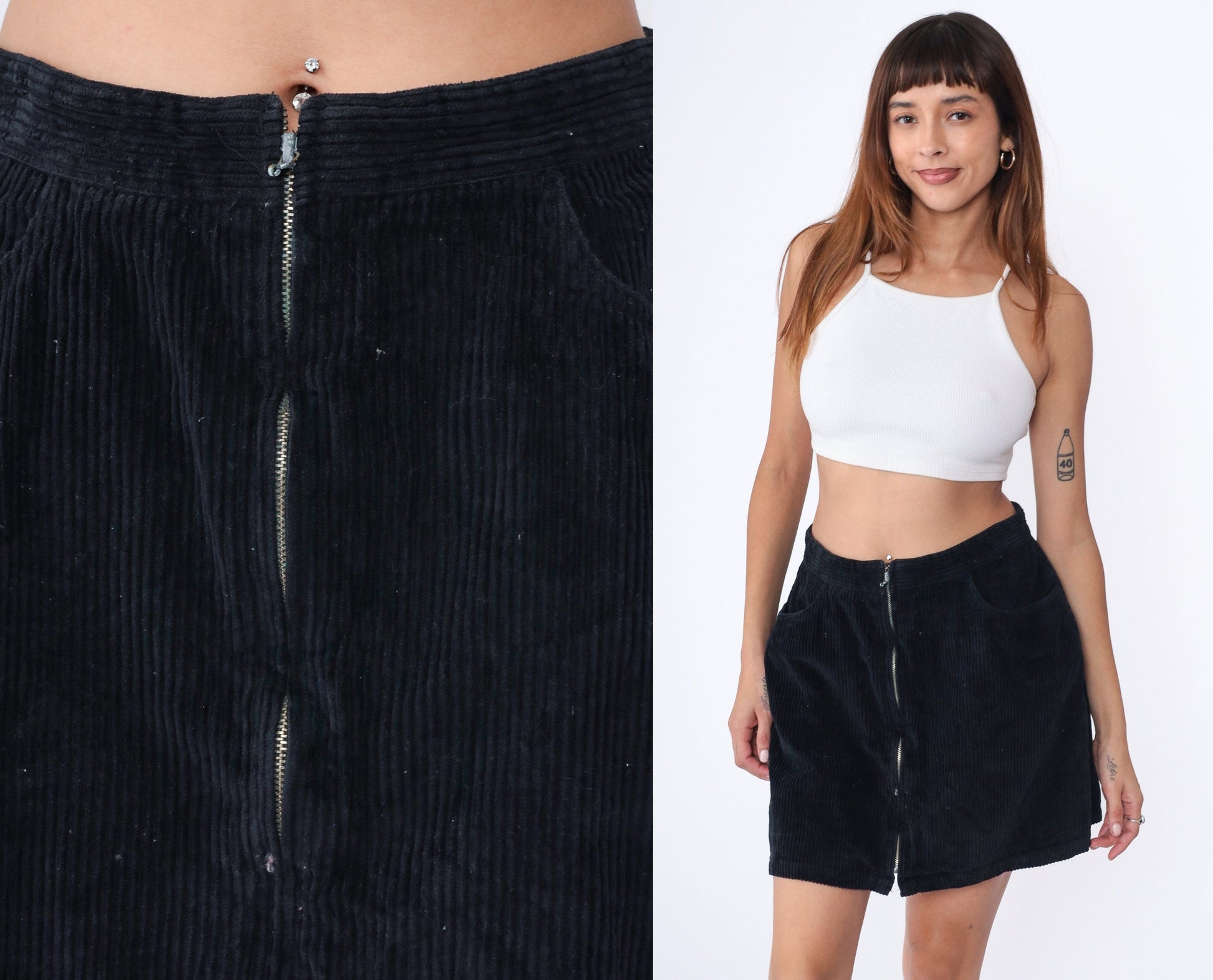 Y2K Black Corduroy Mini Skirt High Waisted Exposed Zipper A-Line Large