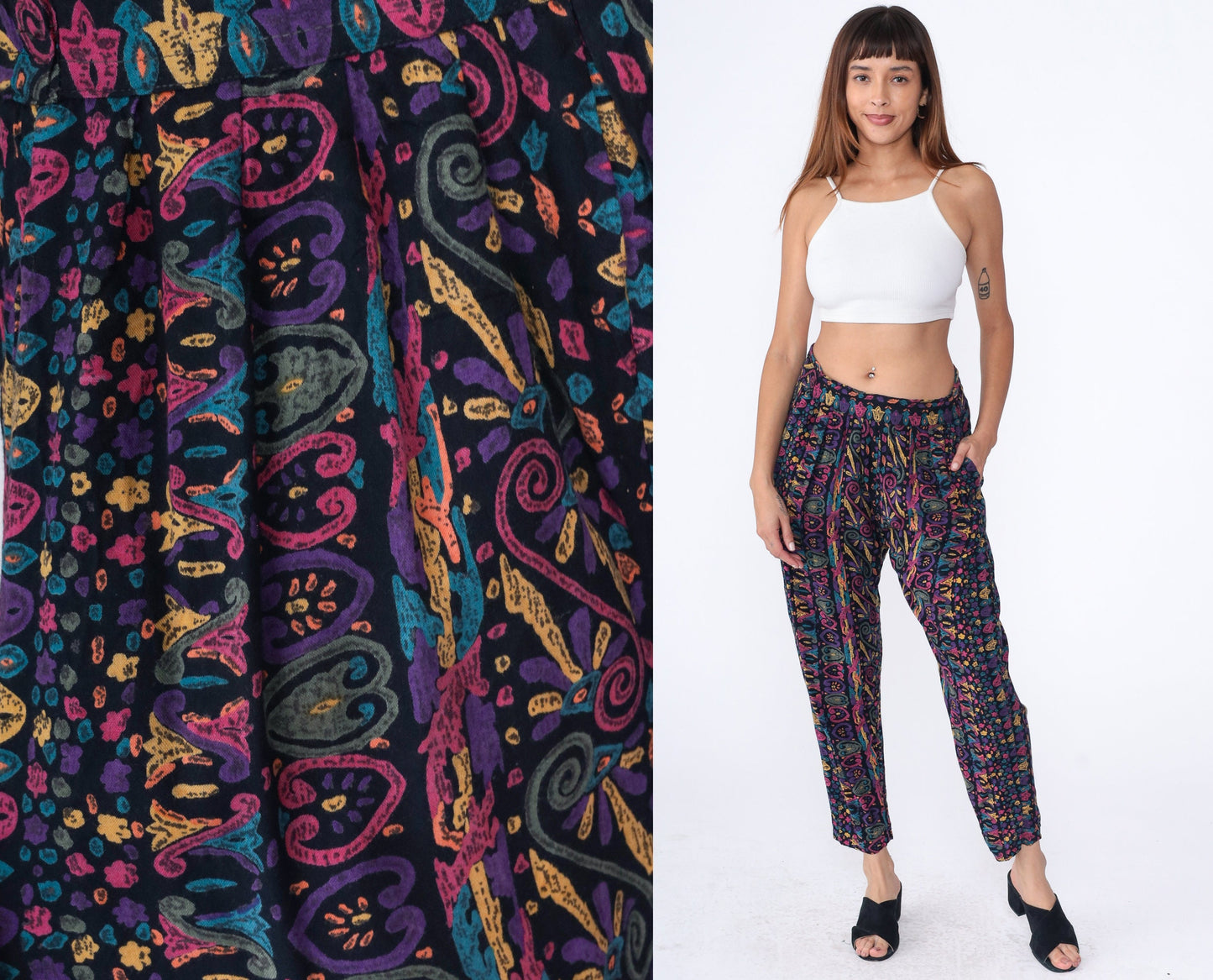 90s Black Rayon Tapered Pants Abstract Heart Geometric Print High Waist Medium