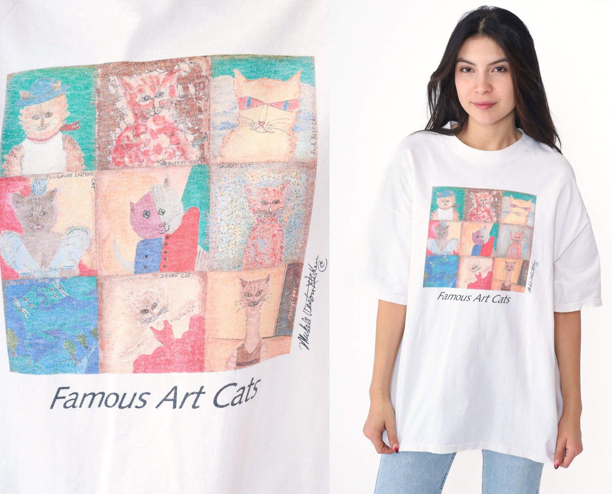 90s Cat Art Graphic Tee Famous Paintings Cotton White Extra Large XXL