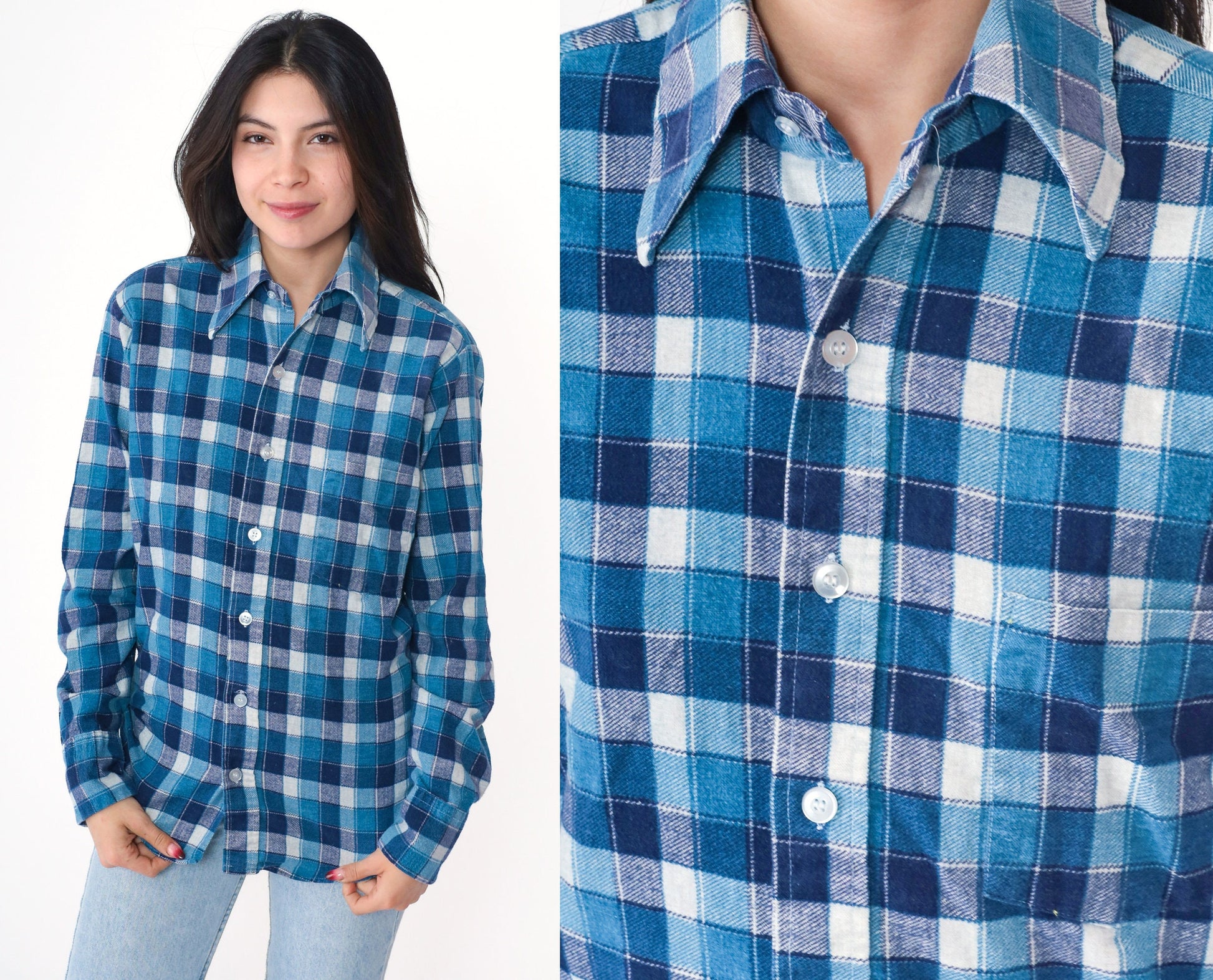 70s Mr. Wrangler Flannel Shirt Blue Navy Plaid Button Up Small