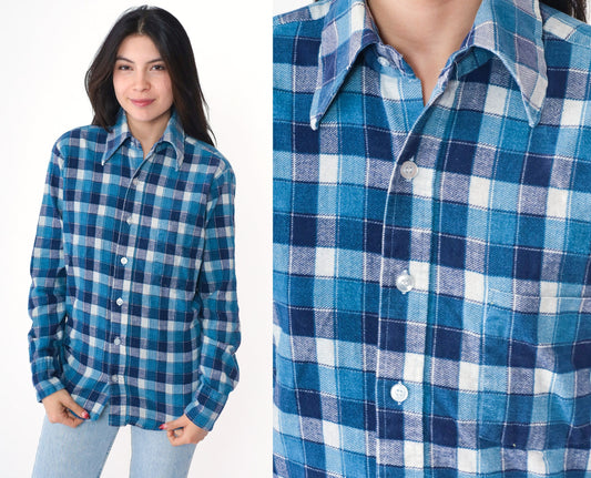 70s Mr. Wrangler Flannel Shirt Blue Navy Plaid Button Up Small