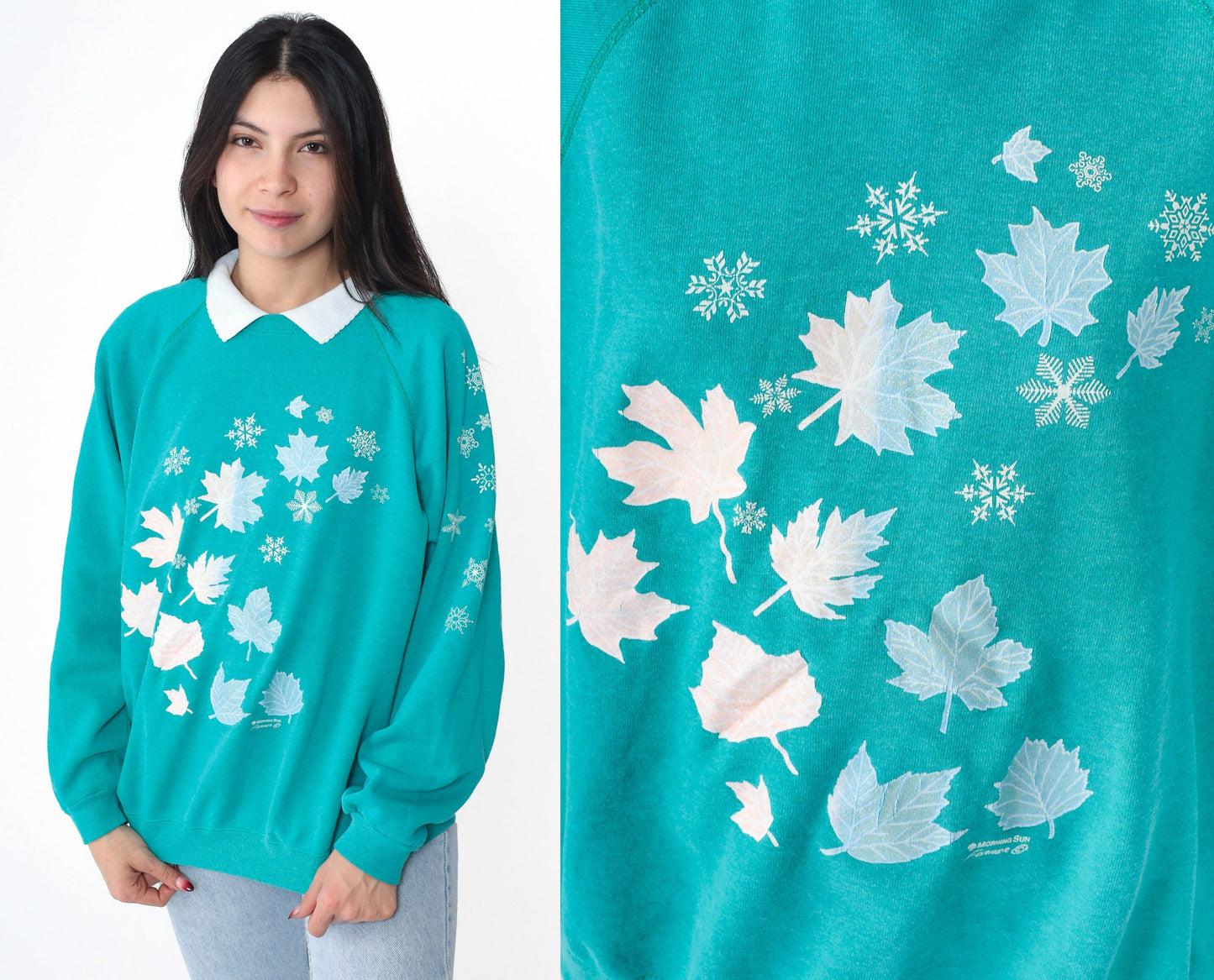 90s Leaf Snowflake Print Sweatshirt Teal Green Graphic Crewneck Large