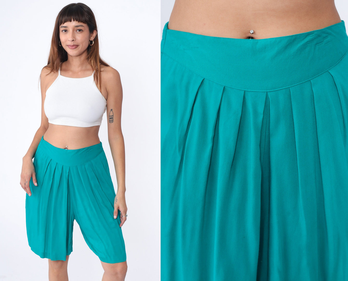 90s Teal Pleated Wide Leg Shorts High Waist Culotte Bermuda Large L
