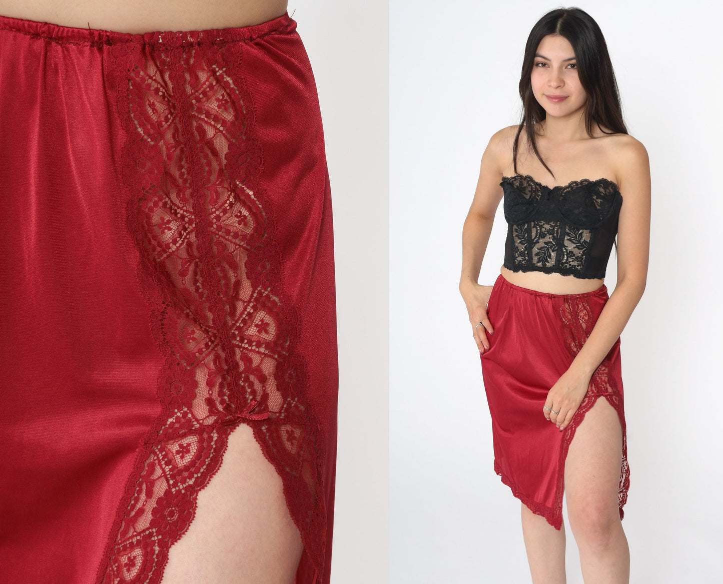 70s Vassarette Red Lace Half Slip Skirt High Waist Front Slit Medium