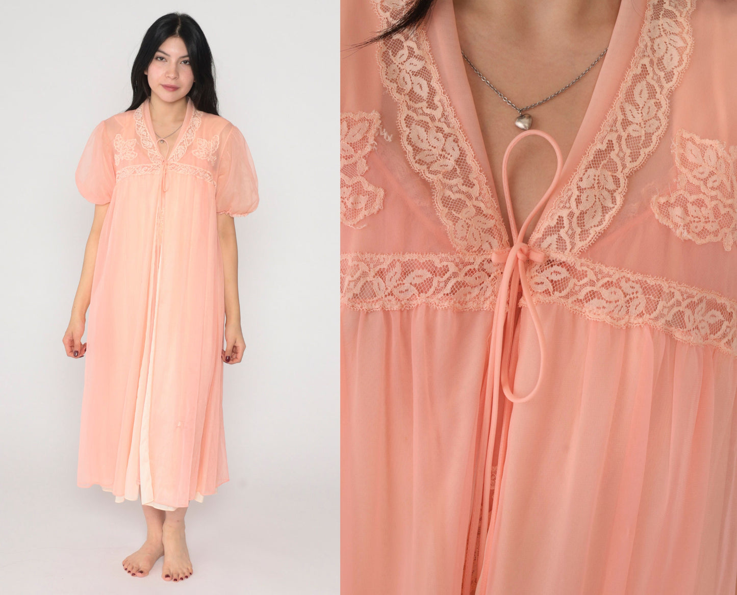 70s Pink Nylon Lingerie Robe Lace Beaded Puff Sleeve Midi Small