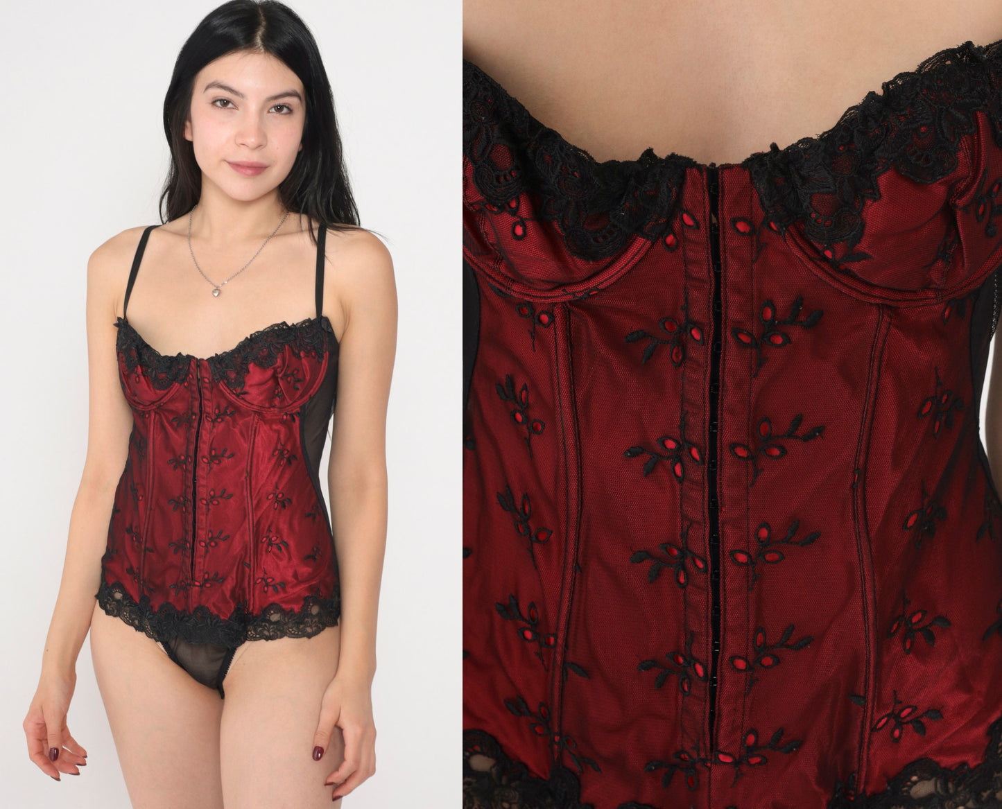 90s Red Floral Embroidered Bustier Bodysuit Black Sheer Back Small