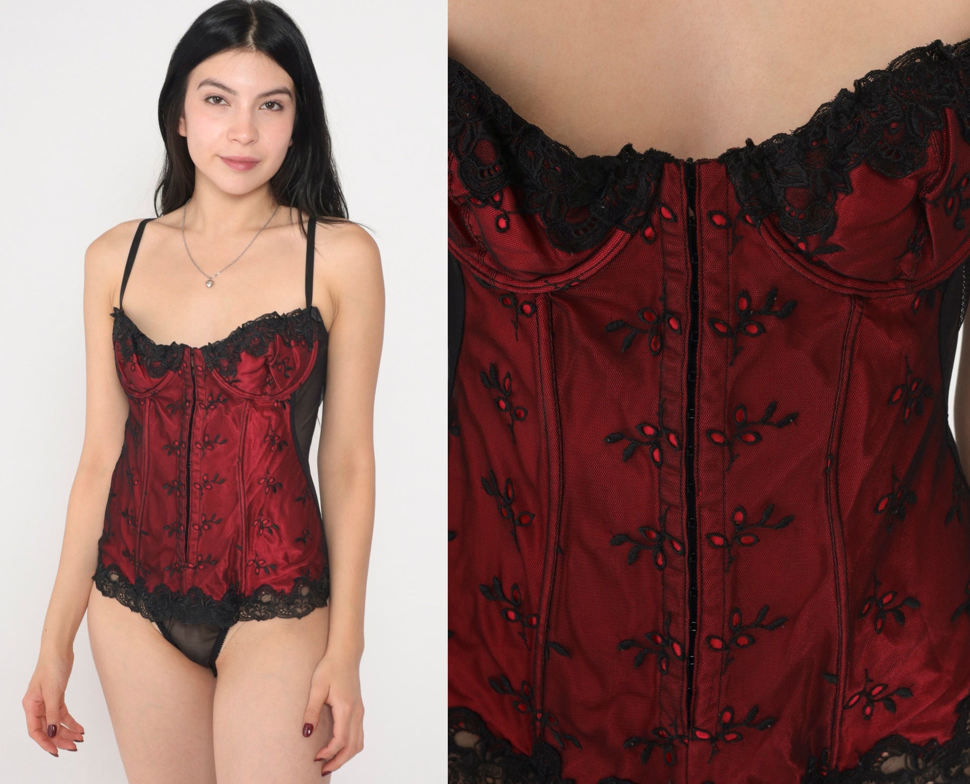 90s Red Floral Embroidered Bustier Bodysuit Black Sheer Back Small