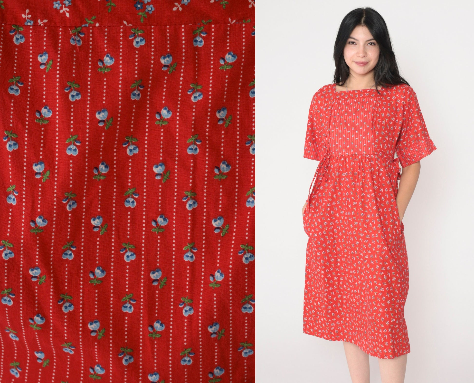 70s Lanz Original Red Floral Calico Midi Dress Empire Waist Tie Short Sleeve Extra Small