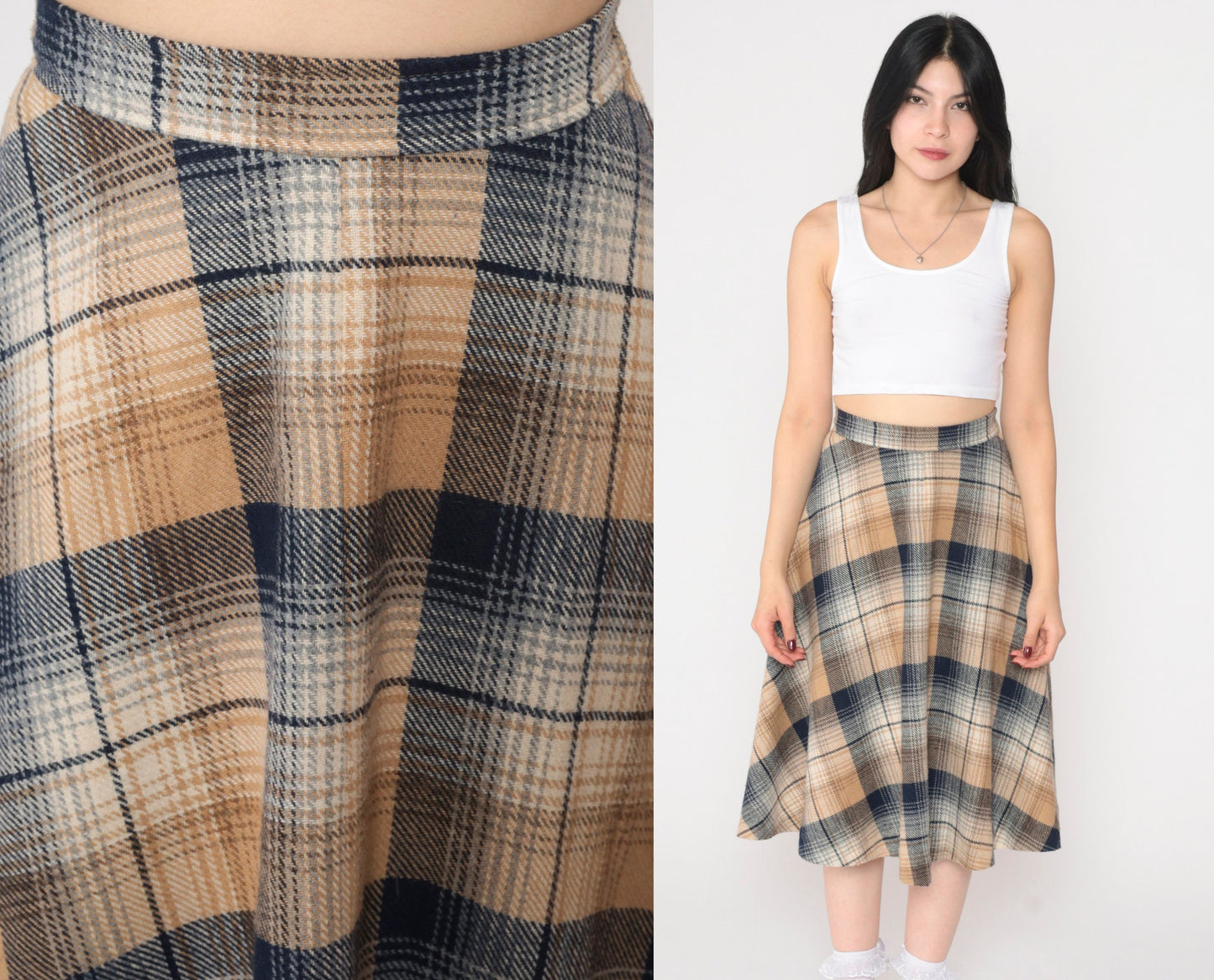 70s Plaid Midi Skirt High Waisted A-Line Tartan Navy Tan Extra Small