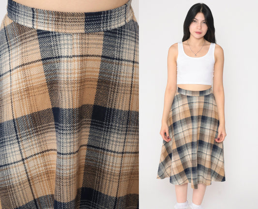 70s Plaid Midi Skirt High Waisted A-Line Tartan Navy Tan Extra Small