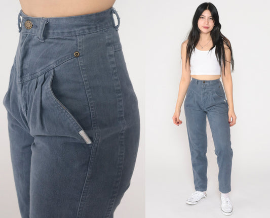 90s Grey Blue Pleated High Waist Straight Tapered Trousers Extra Small