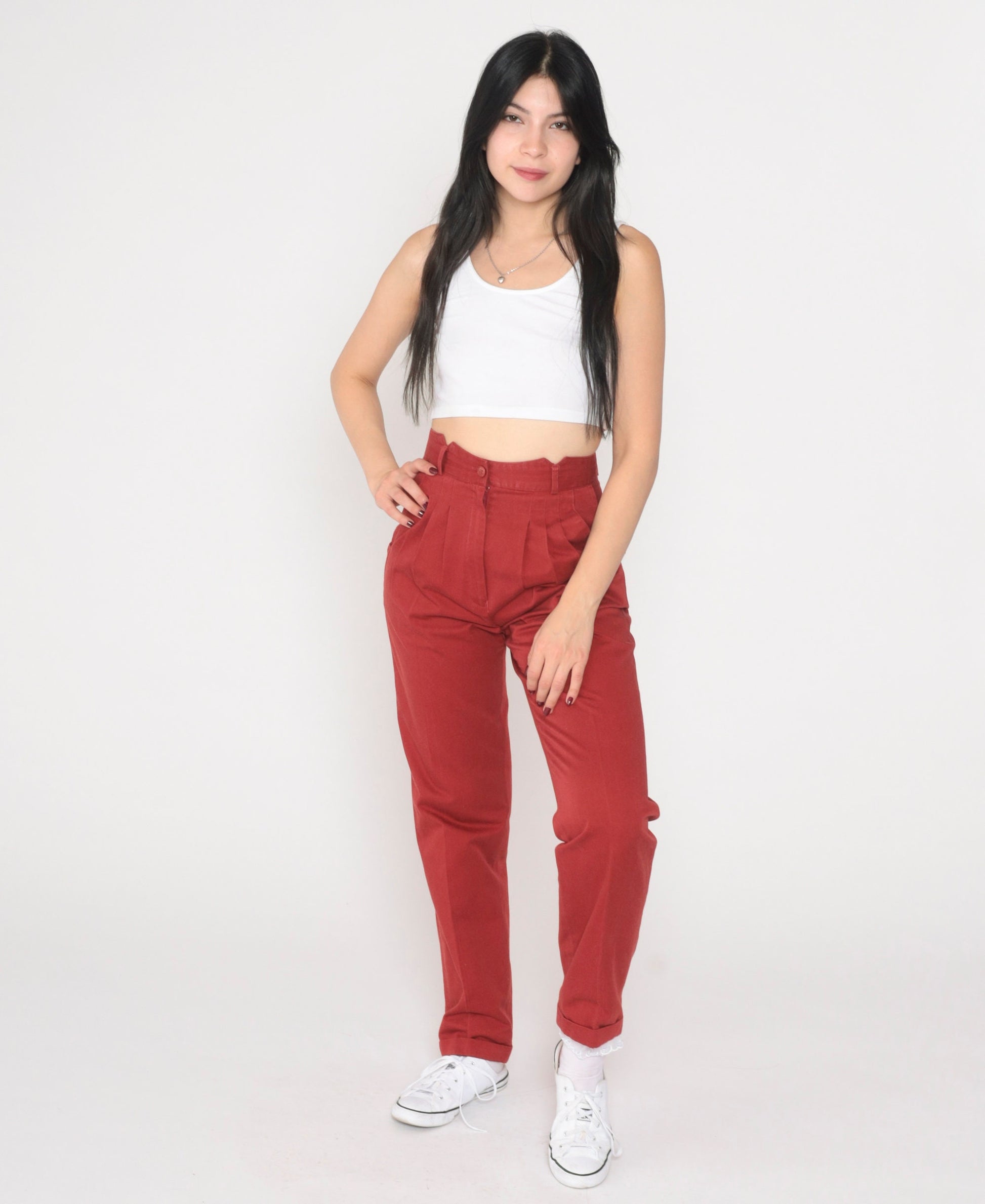 80s Red Pleated High-Waisted Tapered Trousers Extra Small XS