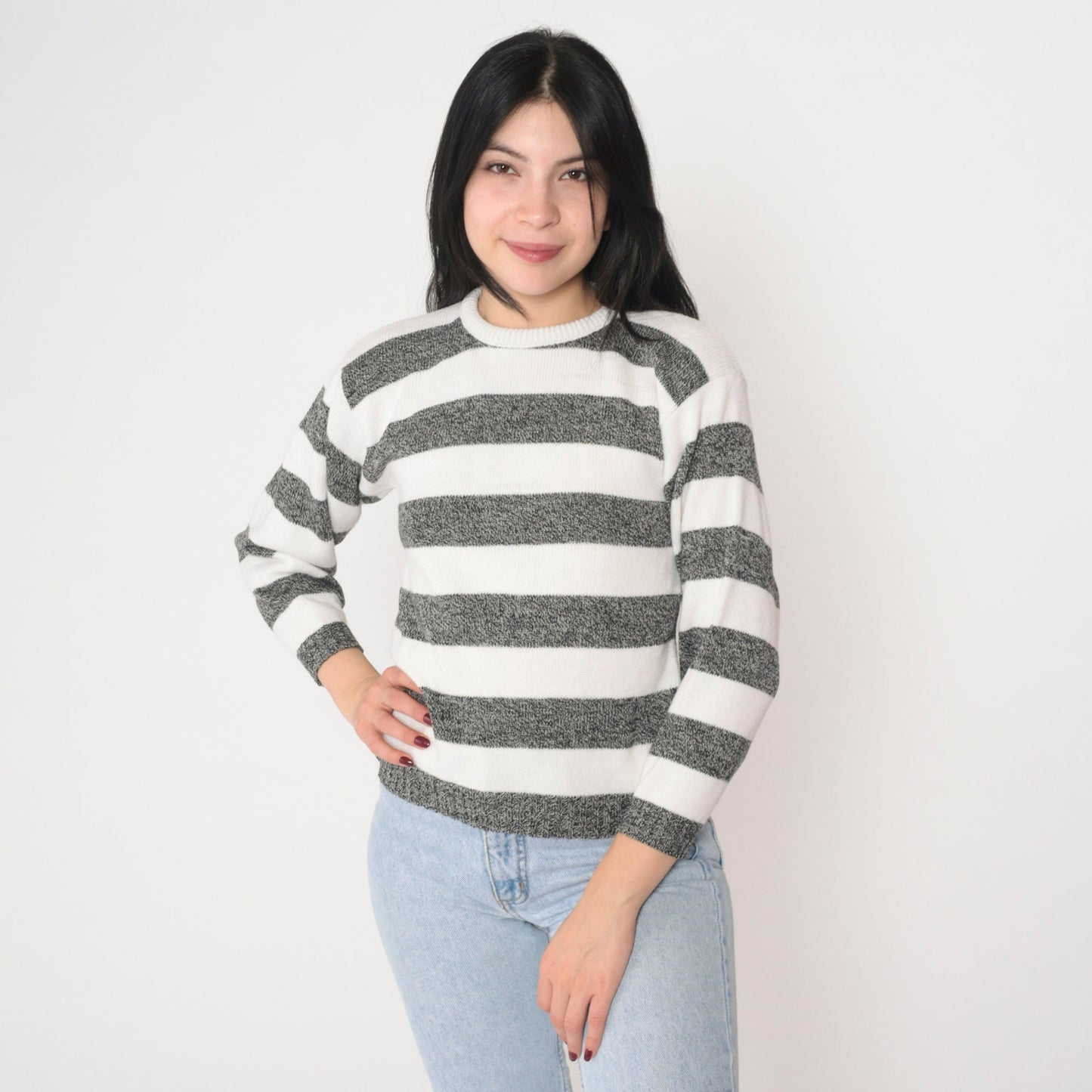 90s Jonathan Cass Striped Knit Sweater White Black Crewneck Small