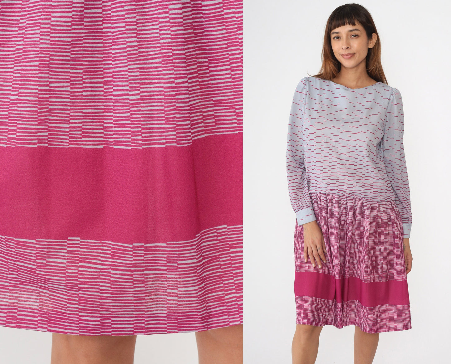 80s Puff Sleeve Midi Dress Periwinkle Hot Pink Drop Waist Small Medium