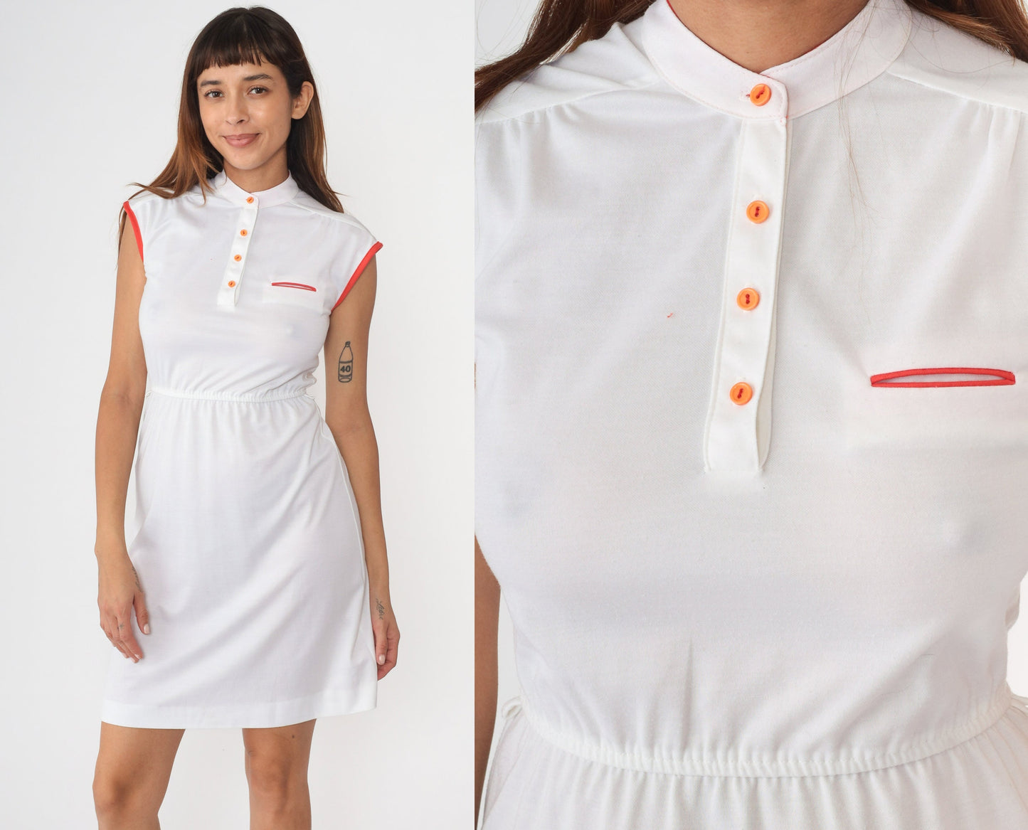 70s White Mini Dress Cap Sleeve Button Front Orange Ringer Trim Small