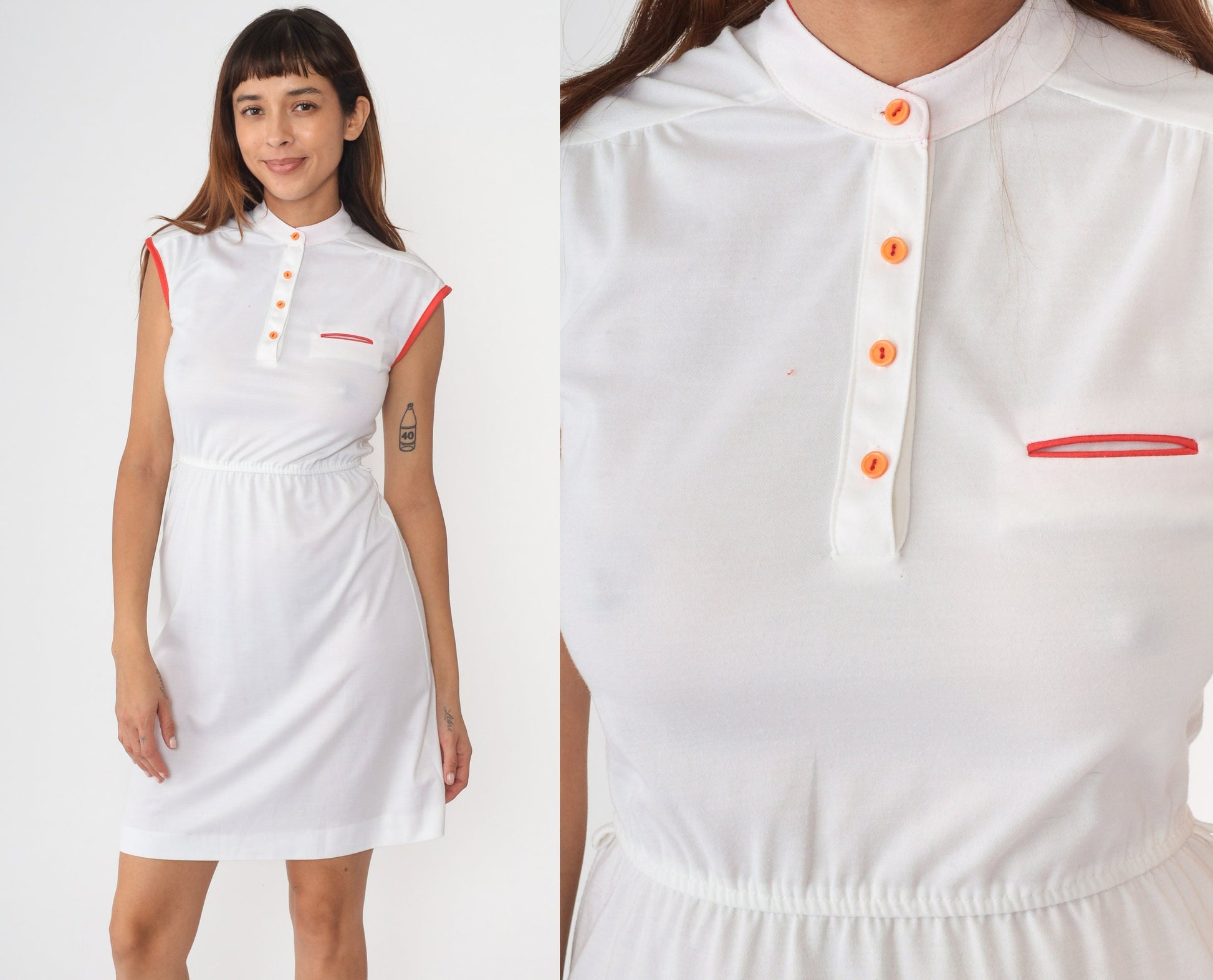 70s White Mini Dress Cap Sleeve Button Front Orange Ringer Trim Small